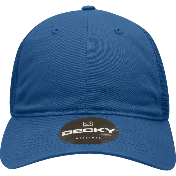 A blue low-profile relaxed trucker cap with a branded logo on the front.