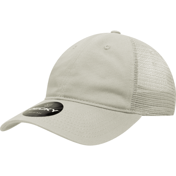 A beige six-panel low-profile cotton trucker cap with a mesh back and a logo on the front.