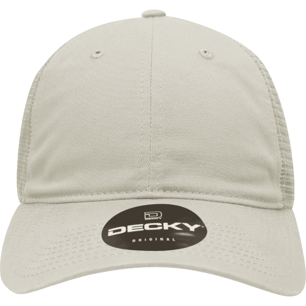 A beige 6 Panel Low Profile Relaxed Trucker hat with a logo on the front.