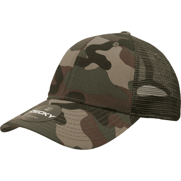 A 6-panel low-profile cotton trucker cap in a camouflage pattern with a mesh back and logo.