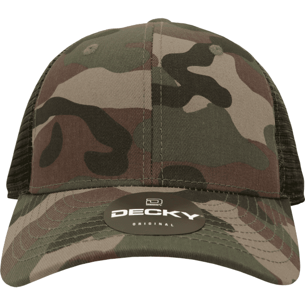 A camouflage trucker cap featuring a low profile, six panels, and a mesh back, complete with a logo.