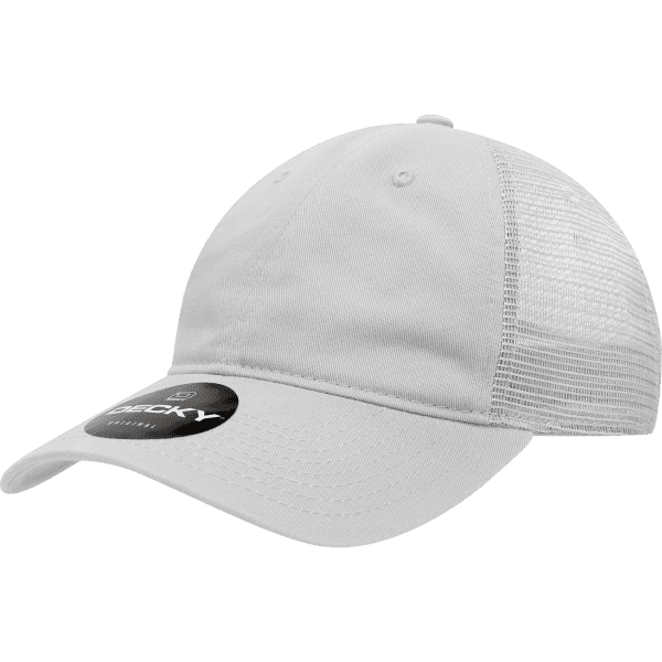 A white 6-panel low-profile cotton trucker cap with a mesh back and a logo.