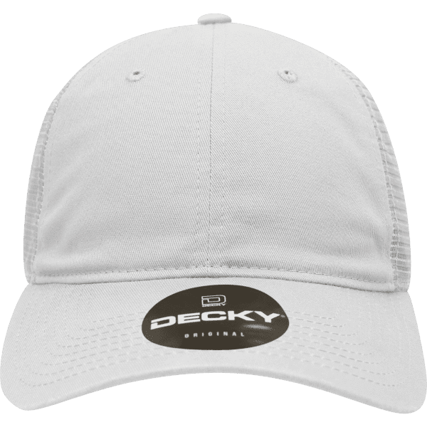A white 6 panel low profile relaxed trucker cap with a logo on the front.