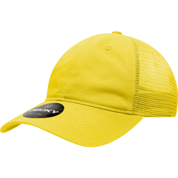 A bright yellow 6 panel low pro cotton trucker cap with mesh sides and a logo on the front.