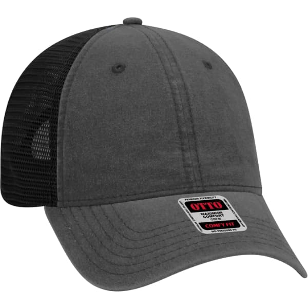 A grey six-panel trucker cap with a black mesh back and a logo on the front.