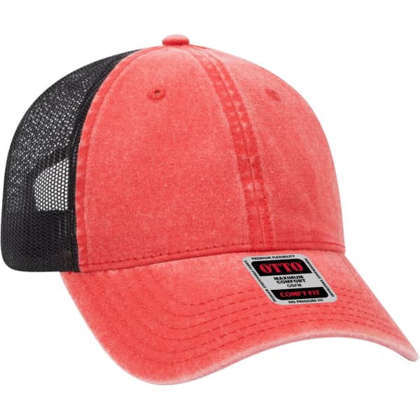 A red and black six-panel trucker cap featuring a mesh back and a logo on the front.