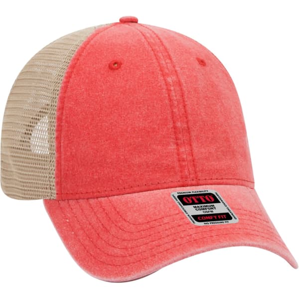 A coral and beige six-panel trucker cap featuring a mesh back and a logo.