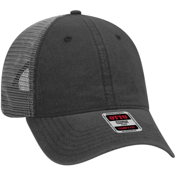 A black and grey six-panel trucker cap with a mesh back and a logo label on the front.