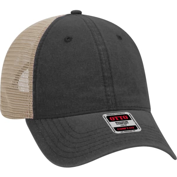 A grey six-panel trucker cap with a beige mesh back and a logo on the front.