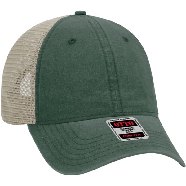 A green six-panel trucker cap with a beige mesh back and a logo patch on the front.