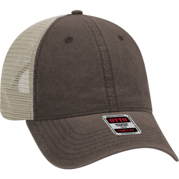 A brown six-panel trucker cap with a mesh back and a logo on the front.