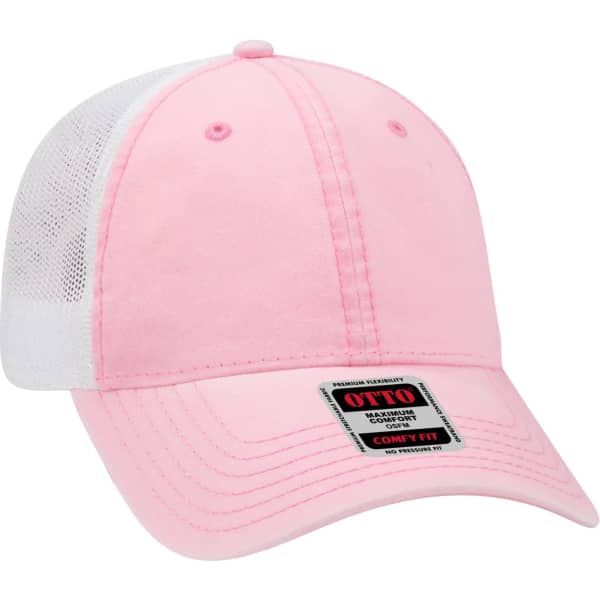 A pink and white six-panel trucker cap with a mesh back and logo branding on the front.