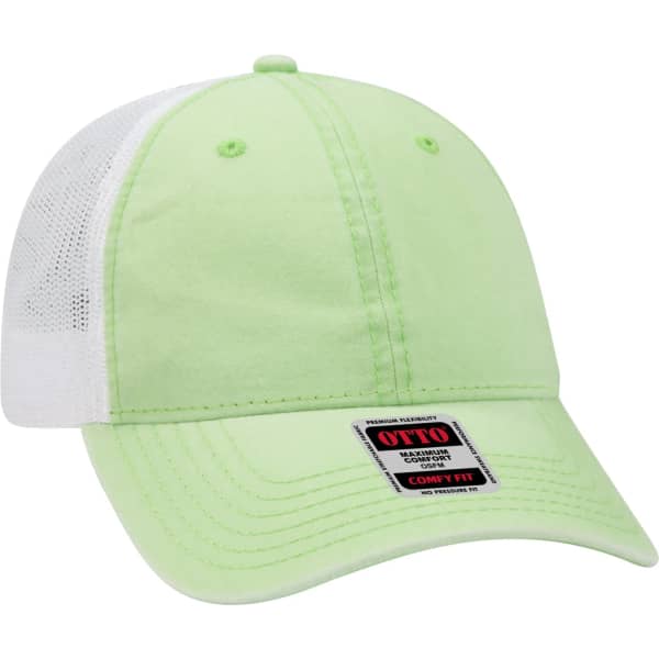 A light green trucker cap with a white mesh back and a branded label on the front.