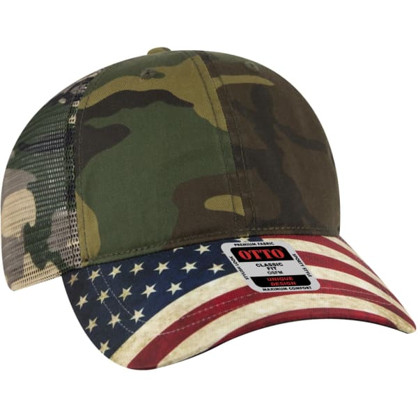 A 6 panel soft trucker hat featuring a camouflage design with an American flag brim and a logo label on the side.