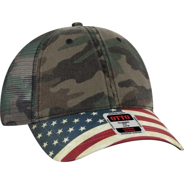 A 6-panel soft trucker hat featuring a camouflage pattern and an American flag design on the brim, with a logo.