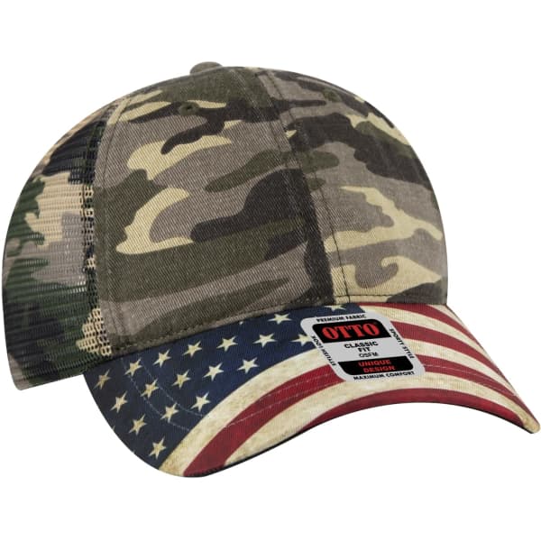 A camouflaged trucker hat with a flag-themed brim. Features a logo on the side.
