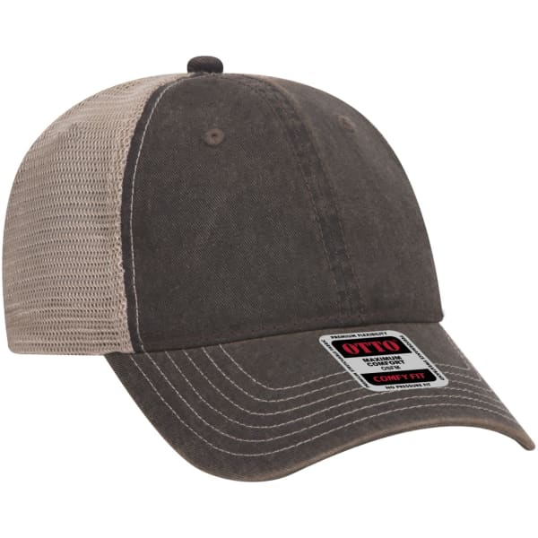 A grey and beige 6 panel soft poly baseball cap with a mesh backing and a logo.