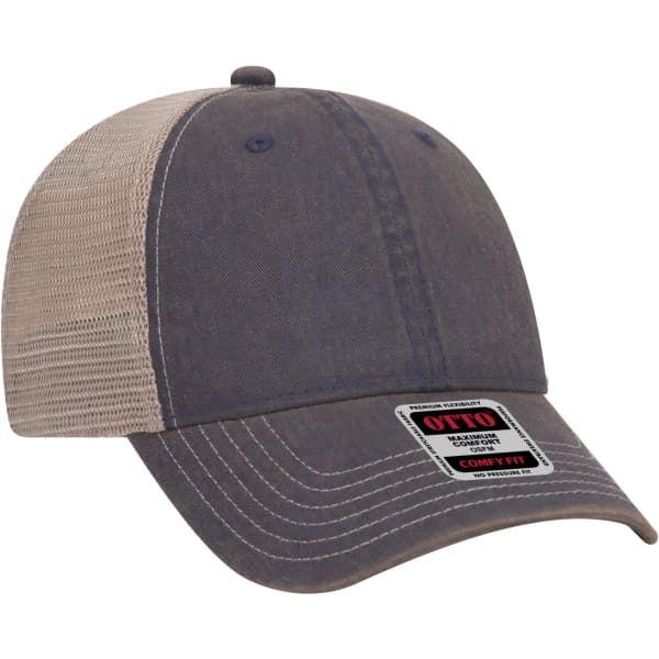 A navy and tan 6 panel soft poly baseball cap with a mesh back and a logo on the front.
