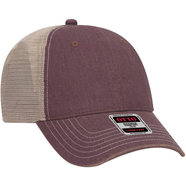 A brown and beige 6 panel soft poly baseball trucker cap with a logo and mesh back.