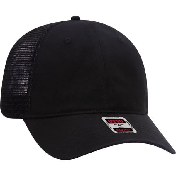 A black 6-panel trucker dad hat with a mesh back and a small logo on the front.