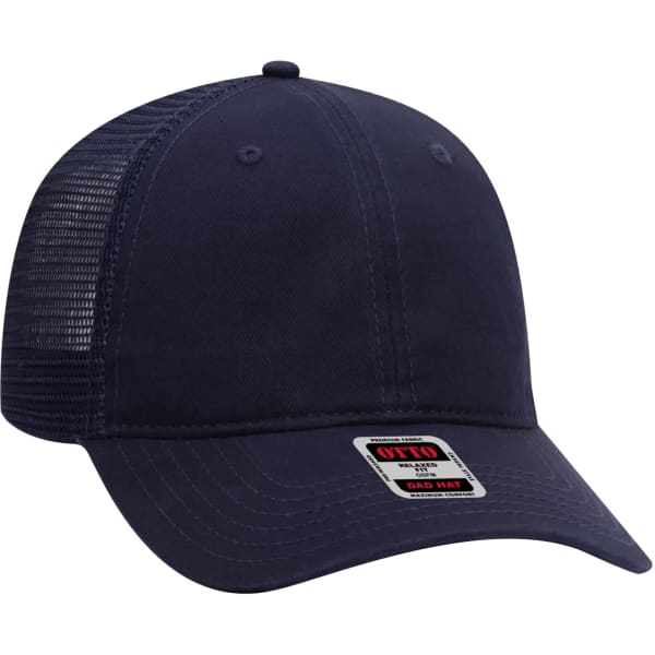A navy blue 6 panel trucker dad hat with a mesh back and a logo tag on the front.