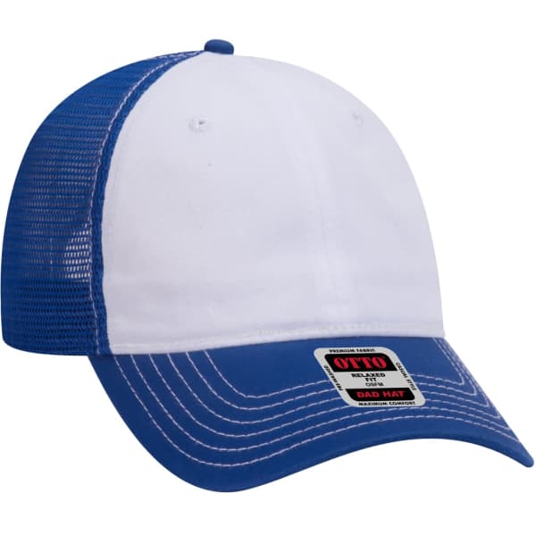 A blue and white 6-panel trucker dad hat with a mesh back and a logo.