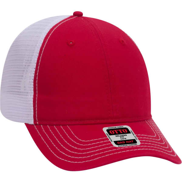 A red and white 6-panel trucker dad hat with a mesh back and an included logo.