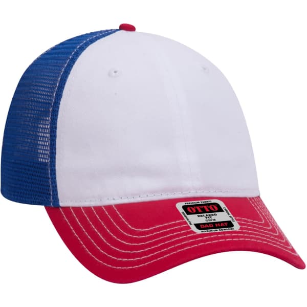 A 6-panel trucker dad hat featuring a white front, red brim, and blue mesh sides, with a logo patch on the front.