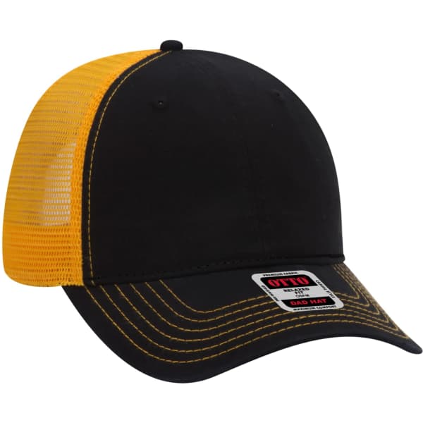 A black and yellow six-panel trucker hat featuring a mesh back and a logo.