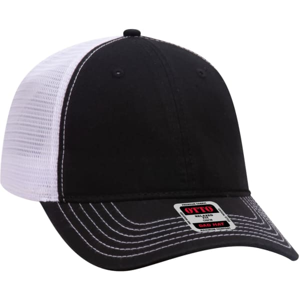 A black and white 6 panel trucker dad hat with a mesh back and a curved brim. It features a logo on the side.