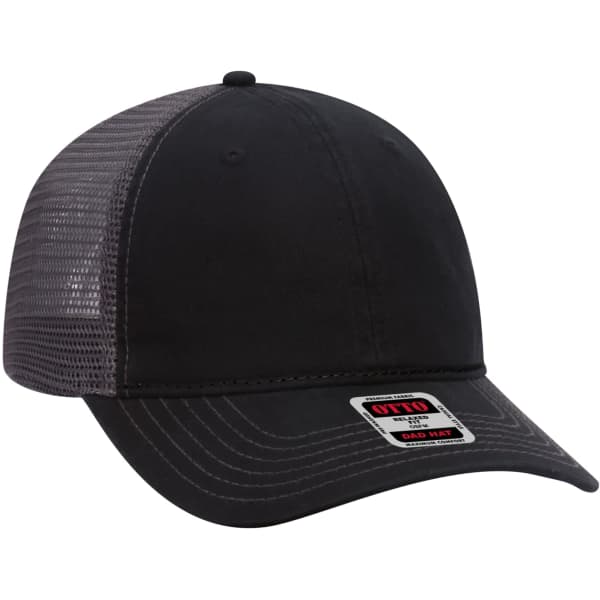 A black 6-panel trucker dad hat with a mesh back and a logo on the front.