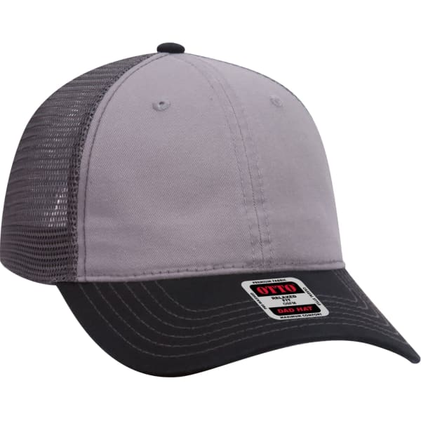 A grey and black six-panel trucker dad hat with a mesh back and a logo on the front.