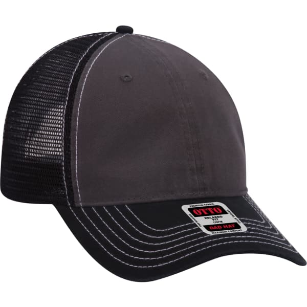 A dark grey 6-panel trucker dad hat with a mesh back and contrast stitching, featuring a logo on the front.