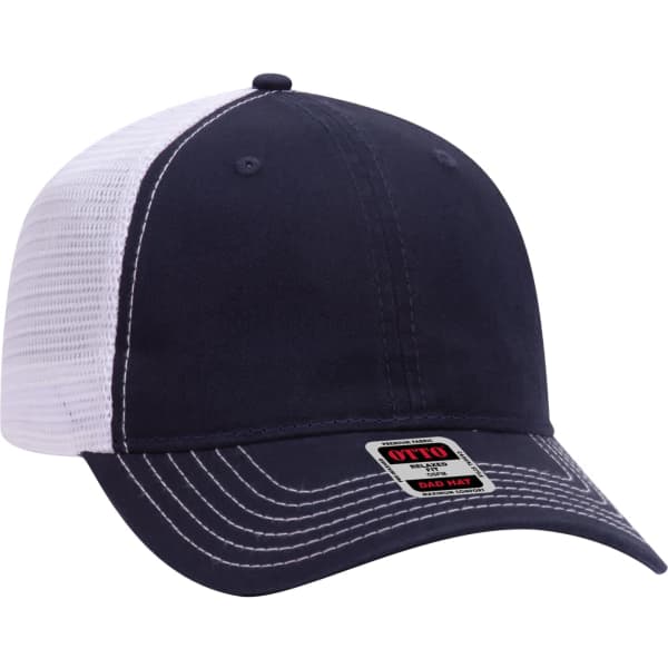 A navy blue and white 6 panel trucker dad hat with a curved brim and a logo on the front.