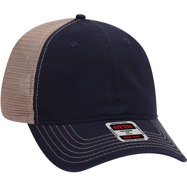 A navy blue and beige 6 panel trucker dad hat with a mesh back and a visible logo.