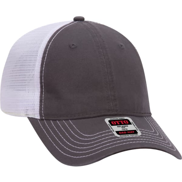 A grey trucker dad hat with a white mesh back and an adjustable strap, featuring a logo.