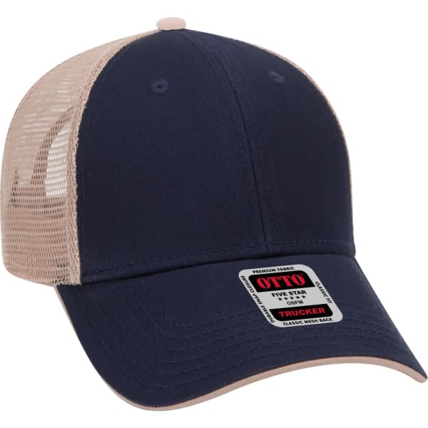 A navy blue and beige 6-panel trucker hat with a mesh back and a logo on the front.
