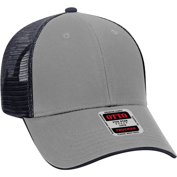 A grey 6-panel trucker hat with a mesh back and a branding label on the front.