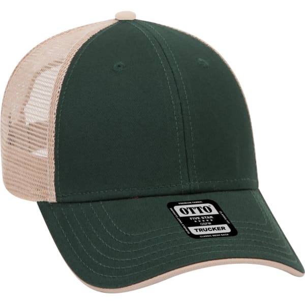 A green 6 panel trucker hat with a beige mesh back and a logo on the front.