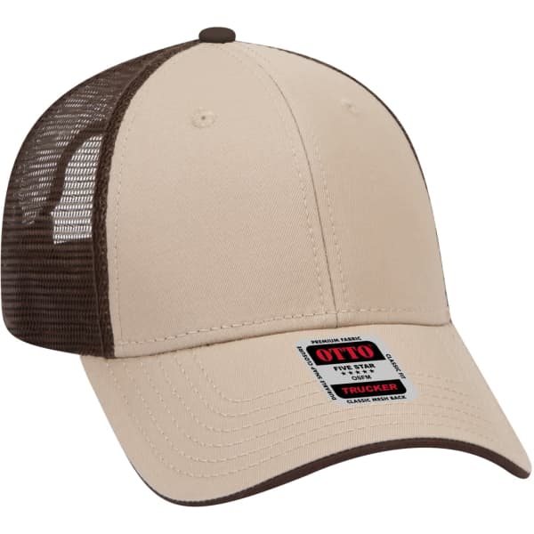 A beige 6 panel trucker hat with a brown mesh back and a logo on the front.