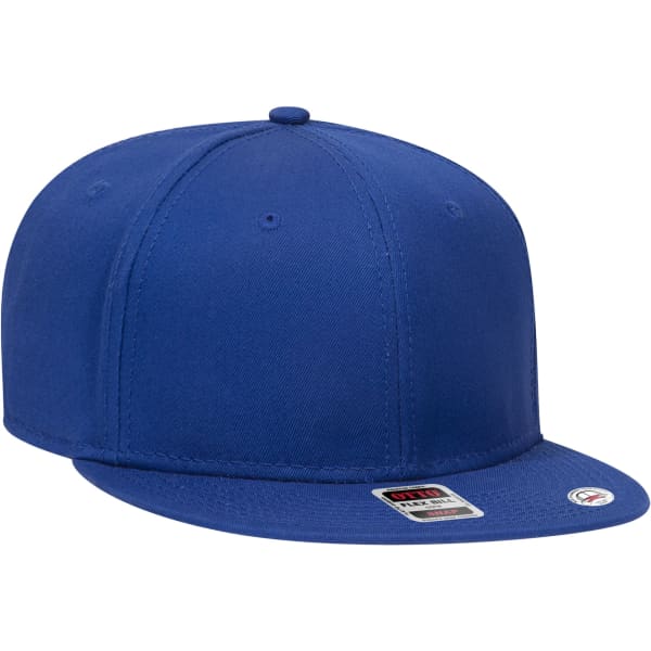 A blue six-panel snapback cap featuring a flat brim and a small logo on the side.