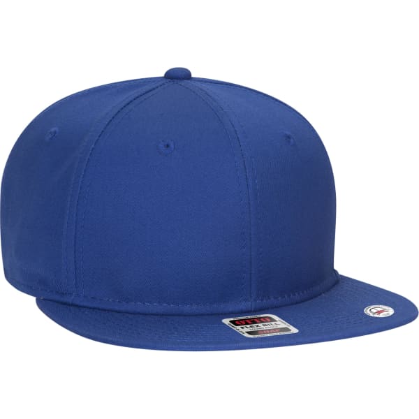 A blue six-panel snapback cap featuring a flat brim and an adjustable snap closure, with a logo on the side.