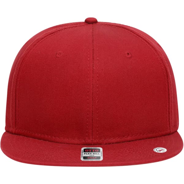 A red 6 panel mid profile snapback cap with a flat brim and a logo on the front.