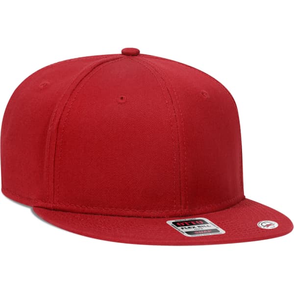 A red six-panel snapback cap featuring a flat brim and a branding logo.