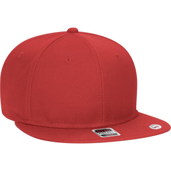 A red six-panel snapback cap featuring a flat brim and a logo on the side.