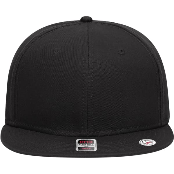 A black 6 panel mid profile snapback cap with a flat peak and a logo on the front.