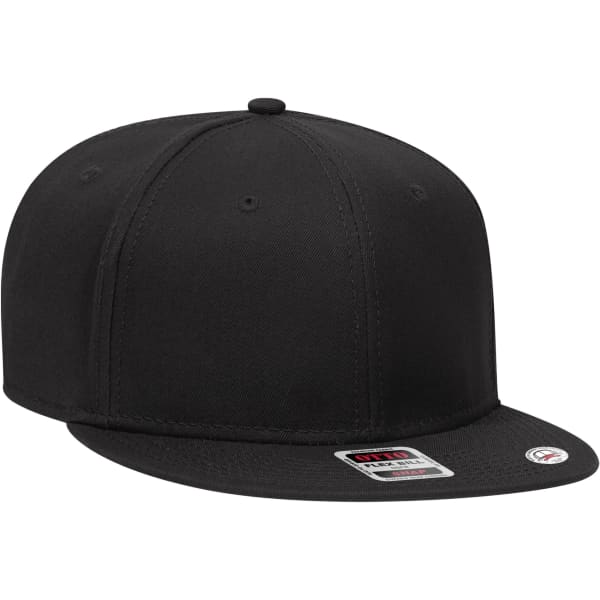 A black six-panel snapback cap with a flat brim and a logo on the front.