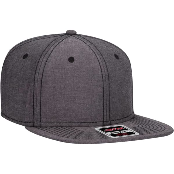 A grey 6-panel snapback cap with a rounded top and a flat brim, featuring a logo on the front.