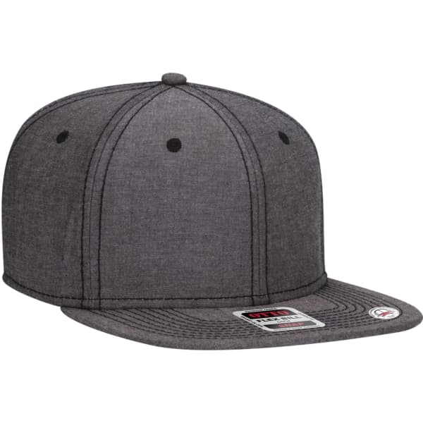 A grey 6 panel mid profile snapback cap with a flat brim and a branding logo.