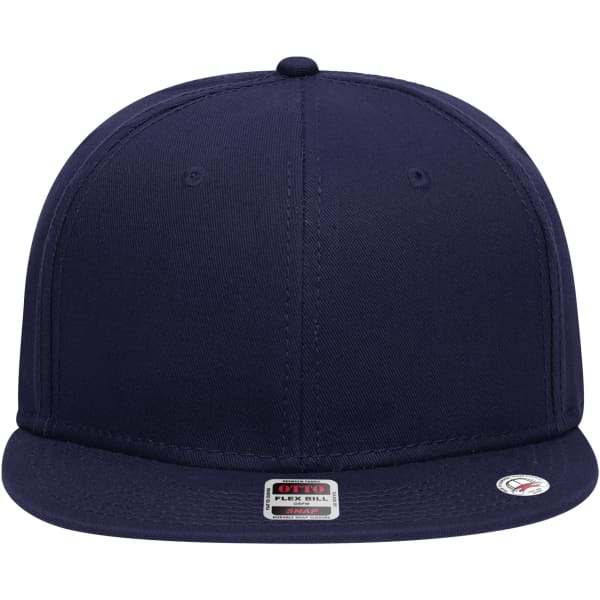 A navy six-panel mid-profile snapback cap featuring a flat brim and a logo patch on the side.